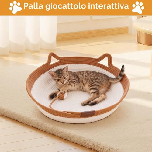Zocipro Cotton Rope Cat Bed with Cushion, 46 x 46 x 16 cm, Large Round Washable Bed with Ball Toy in Cotton Rope
