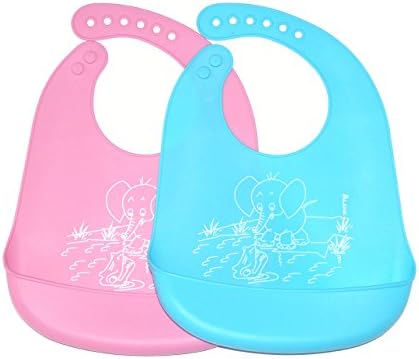 ALANN Waterproof Cute Silicone Baby Bibs With Large Pocket Easy Wipes Clean Bibs Pack of 2 (Elephant)
