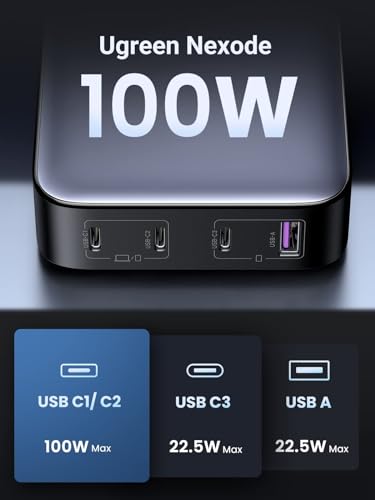 UGREEN Nexode 100W 4-Ports USB C Charging Station, GaN Fast Charging Laptop Adapter with Multiple Protection Stable Desktop Stand Charger for MacBook Air/iPhone 17 Pro Max/Samsung S26/S25U(2M UK Plug)