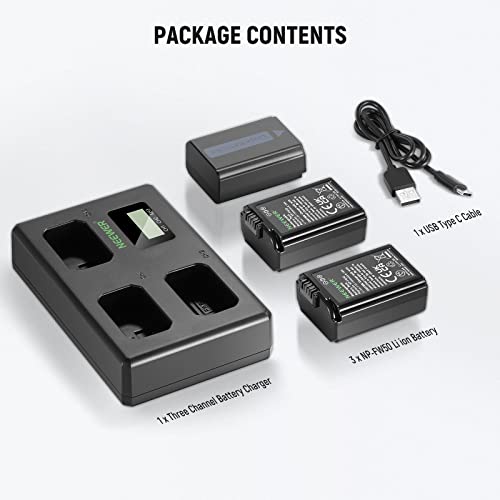 NEEWER NP-FW50 3 Pack Replacement Battery and Charger 1100mAh NP-FW50 and Triple Slot USB Charger Compatible with Sony ZV-E10 A7 A7R A7RII A7II A7SII A7S A7RII A6300 A6400 A6500 RX10