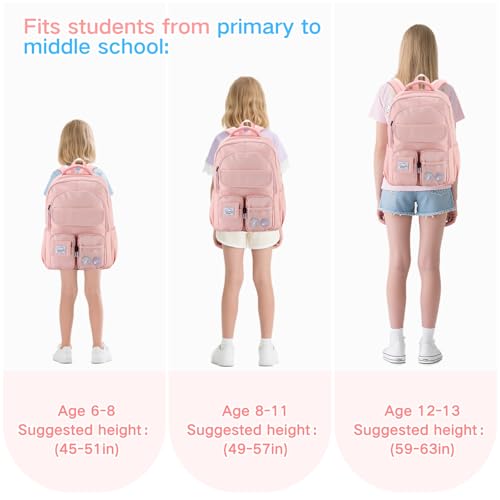 VASCHY Pink School Backpack Large 18 L Waterproof for School, Girl 8-12 Years, 30 × 14 × 44 cm
