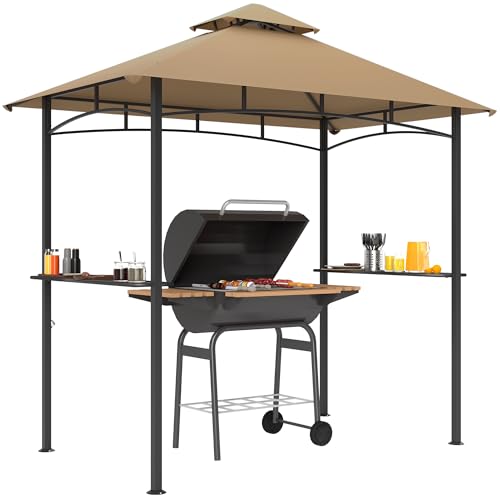 Outsunny 8' x 5' BBQ Grill Gazebo Tent with Double Tiered Canopy for Outdoor Sun Shade, Khaki