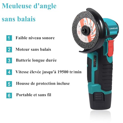 Mini Cordless Angle Grinder 12V 76mm Brushless Motor 19500rpm with 2 x 1500mAh Batteries & 8 Discs Electric Cutting Tool for Metal, Wood, Tile and PVC