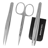Tweezers Eyebrow Hair Removal Tool by DERMATOOL - Precision Pointed and Slant Tweezer Set with Scissors in Stainless Steel, FREE Leather Case