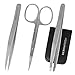 Tweezers Eyebrow Hair Removal Tool by DERMATOOL - Precision Pointed and Slant Tweezer Set with Scissors in Stainless Steel, FREE Leather Case