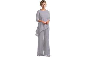 JUDHGGX 2 PC Mother of The Bride Pants Suit Chiffon Irregular Tiered Top Outfit for Wedding Guest