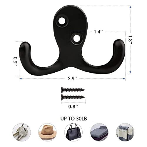 10PCS Coat Hooks Wall Mounted, Double Prong Robe Hook Hanging Towel Hooks with 20 Screws for Bags, Hat, Cap, Scarf, Cup and Key, Black