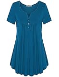 Bebonnie Short Sleeve V Neck Blouses For Women, Women's Henley Short Sleeve V Neck Pleated Summer Casual Flowy Tunic Shirts Dark Cyan XXL