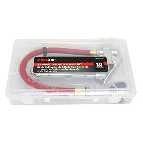 EXELAIR EX0510BKIT Analog Bayonet Tire Inflator Gauge Kit - 13" Air Hose, Dual-Foot Chuck, and Tire Valve Accessories - 120 PSI
