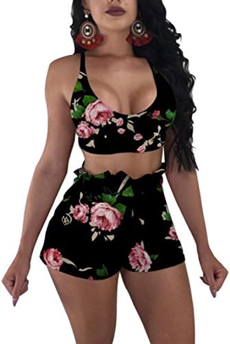 Women's Sexy 2 Pieces Outfit Floral Insect Print Crop Top with Short Pants Set Bodycon Clubwear Jumpsuit Rompers (Medium, Black)