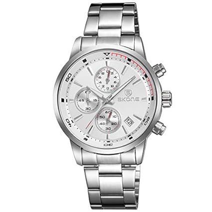 SKONE Japanese Quartz Real Chronograph Luxury Business Style Stainless Steel Waterproof Wristwatch for Men Skone 7390 - Silver White