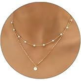 Gold Pearl Necklace for Women, 14K Gold Plated Layered Pearl Necklaces for Women Trendy Simple Herringbone Chain Pearl Necklace for Women Gold Jewelry Gifts