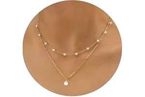 KLENAI Gold Pearl Necklace for Women, 14K Gold Plated Layered Pearl Necklaces for Women Trendy Simple Herringbone Chain Pearl Necklace for Women Gold Jewelry Gifts