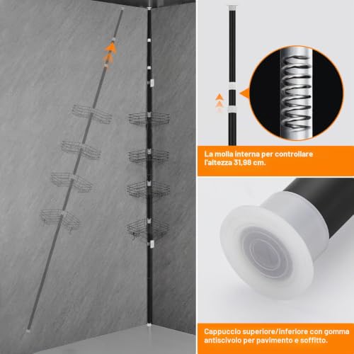 PORUGE Telescopic Corner Shower Shelf, Adjustable Shower Caddy Without Drilling, Metal Shower Shelf with 4 Shelves for Bathtub, 78-320 cm, Black