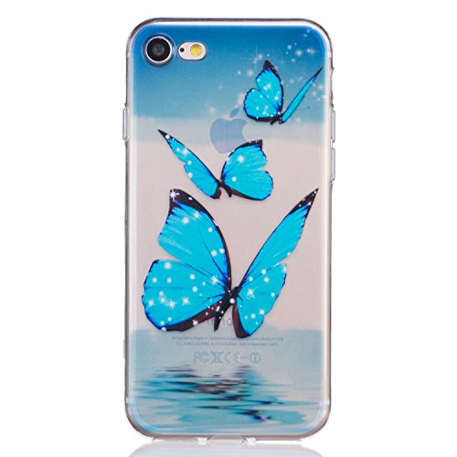 iPhone 8 Case, iPhone 7 Case, 3Cworld Ultra Thin Clear Art Pattern Crystal Gel TPU Rubber Flexible Slim Skin Soft Case for iPhone 7 / iPhone 8 (Butterfly Ocean - Sky Blue)