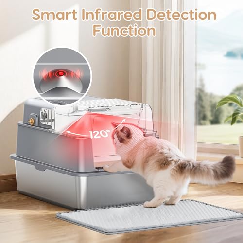 Stainless Steel Cat Litter Tray, XXL Litter Box with 105° Flip Lid, Detachable Metal Large Pet Toilet with Fresh Air Deodorization System, High Sided Litter Tray with Deodorizing Block, Mat and Scoop