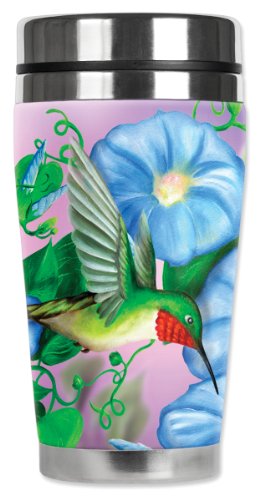 Mugzie Hummingbird & Flowers Travel Mug with Insulated Wetsuit Cover, 16 oz, Black