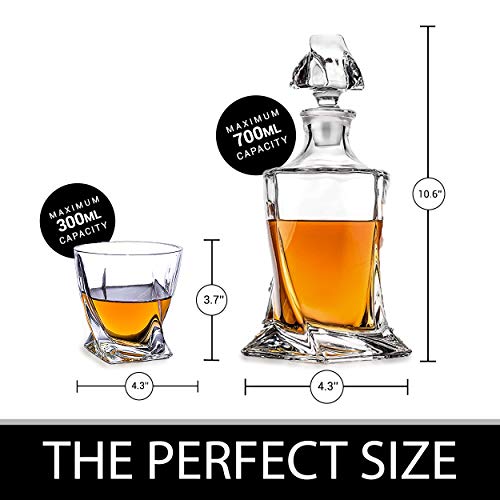 James Scott Lead-Free Crystal Whiskey Decanter Set - 28 oz. twisted decanter and 4 10 oz. glasses packaged in an exclusive Gift Box - for Liquor, Scotch, Bourbon, Wine, Vodka