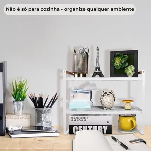 Prateleira Organizadora de Cozinha 2 Andares 33x33x20cm | Organizador de Armário Aramado em Metal Resistente com Cabo de Madeira Antiferrugem para Louças e Utensílios (Branco)