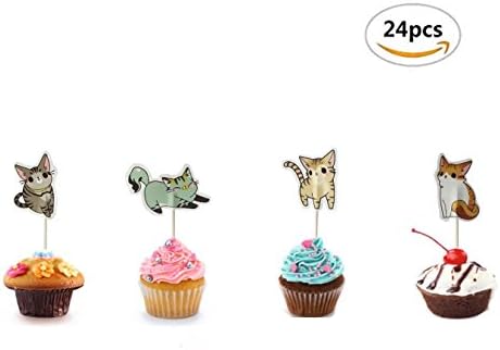 Maydolbone 24pcs Cute Cat Cake Cupcake Toppers- birthday or baby shower Food Picks Decor And Cupcake Party Pick