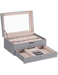 BEWISHOME Watch Box Organizer with Valet Drawer - Real Glass Top, Adjustable Tray, Metal Hinge - 12 Slots Watch Case Jewelry Box for Women Men, Grey SSH02H