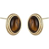 Geometry Oval Stud Earrings for Women S925 Sterling Silver Post Earrings Vintage Tiger Eye Stone Studs Earrings Hypoallergenic Ear Statement Fashion Jewelry