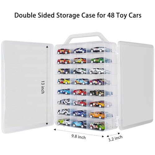 Portable Transparent Double Sided Storage Case - 48 Compartments for Toy Cars, Matchbox Cars, 1:64 Scale Model Cars, with Handle (Case Only)