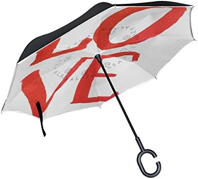 OREZI Double Layer Inverted Umbrellas Reverse Folding Umbrella Windproof Protection Big Straigh Umbrella for Car Rain Outdoor With C-Shaped Handle,Red Love Letters Umbrella for Women and Men