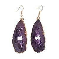 Kofun Earrings, Gold Plated Irregular Natural Druzy Slice Fish Hook Drop Dangle Earrings Women Purple