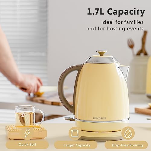 BUYDEEM K640 Stainless Steel Electric Tea Kettle with Auto Shut-Off and Boil Dry Protection, 1.7 Liter Cordless Hot Water Boiler with Swivel Base, 1440W (Mellow Yellow)