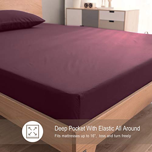 VEEYOO Queen Size Sheet Set - Super Soft 1800 Thread Count Premium Bed Sheet Sets - 16-Inch Deep Pockets, Hypoallergenic Brushed Microfiber, Wrinkle & Fade Resistant Sheet - 4 Pieces, Burgundy - Thumbnail 4