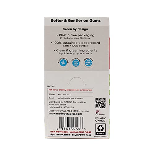 Radius Vanilla Mint Dental Floss 55 Yards Vegan & Non-Toxic Oral Care Boost & Designed to Help Fight Plaque Clear - Pack of 3