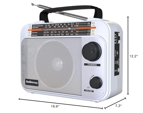 Audiocrazy Portable Radio AM/FM/SW1-2 Multiband Radio with Rechargeable Battery 1800 mAh, AC Cable or Portable FM Radio, Fleece, Speakers, Headphone Jack, AUX Input White