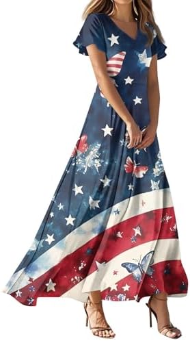fourth of july maxi dress JJYCXAEW 4Th Dresses for Women Summer American Flag Patriotic Short Sleeve Flowy Independence Day Sundress : Clothing, Shoes & Jewelry Red 3D Rose Off-the-shoulder Ankle Length USA dress Style:Groom Boutonnière  $17.00 LikeNew