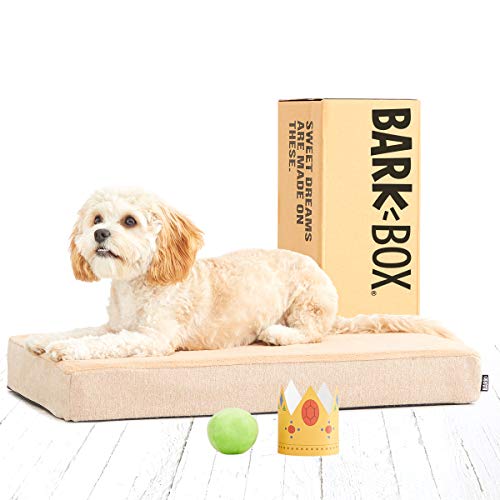 BarkBox Memory Foam Dog Bed | Plush Orthopedic Joint Relief Mattress Machine Washable + Removable Cover; Water Resistant Lining, Includes Squeaker Toy | Small | Sand
