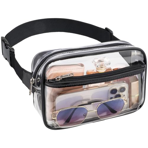 Veckle Clear Belt Bag - Clear Fanny Pack Stadium Approved for Women Large Transparent Waist Bag for Sports Events, Concerts, Festivals, Black