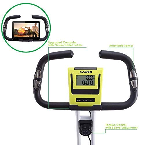 Xspec Foldable Stationary Upright Exercise Bike Magnetic Cardio Workout Indoor Cycling, Lime Green, Monitor with Phone/Tablet Holder, Heart Rate Pulse Sensor