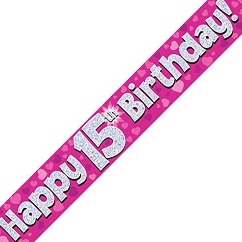 British Ballet® 15th Happy Birthday Banner Pink (2.7m x 13cm) • Holographic Foil Party Decoration • Age 15 Foil Pennant • 3 x 90cm Banners • Pink Birthday Banner for Girls & Teens