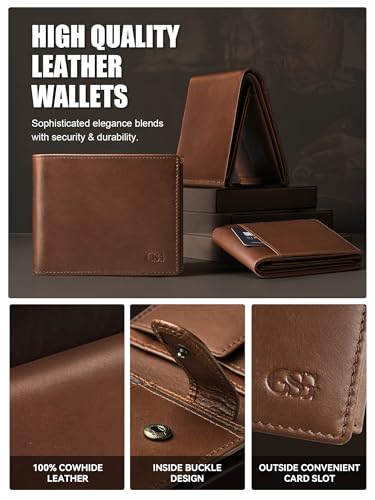 GSG SINCE 1998 Mens Cowhide Leather Wallets with Coin Pocket,17 Credit Card Slots, 2 Banknote Compartments Genuine Leather RFID Wallet Brown