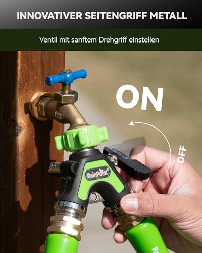 RAINPOINT 2-Way Distributor, Full Metal Heavy Duty Water Distributor with 5.2 cm Extra Long Side Lever & Shut-off Valves, Garden Hose Y Splitter 3/4 Inch & 1/2 Inch, Simultaneous Double Connection (Green)