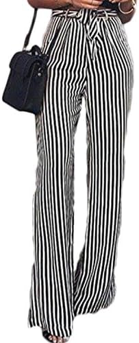 Lichene Women's Stripe Flowy Wide Leg High Waist Belted Palazzo Long Pants (L, Black-White)