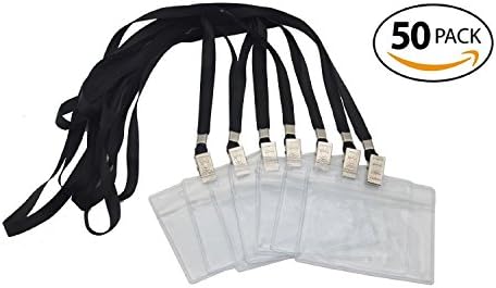 ID Badge Holders & Lanyards, 50 sets, Black Lanyard and Horizontal Name Tags Hole Punched Zipper Waterproof Resealable Clear Plastic Labels Credit Card Holder For Employees Heavy Duty Pair