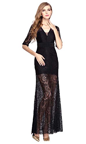 V.C.Formark Women's V Neck Lace Sleeves Beading Long Evening Party Prom Dress,Black,S