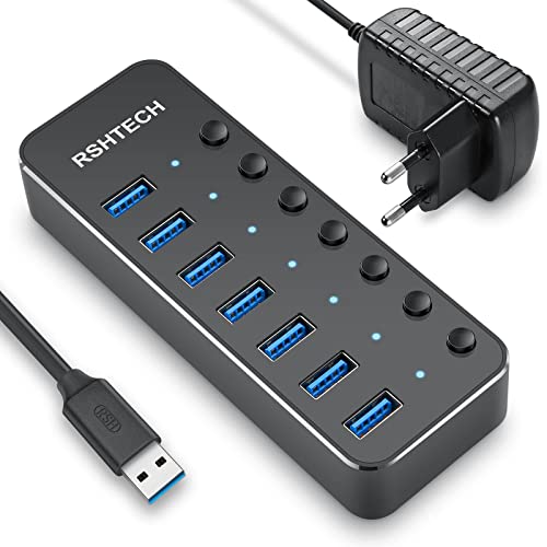 RSHTECH USB 3.0 Hub Powered with 10W Power Supply USB 3.0 Hub 7 Ports Aluminium Distributor USB 3.0 Port with 5V/2A Power Adapter and Individual On/Off Switch (RSH-518)