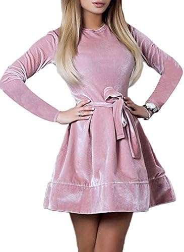 Kinikiss Women Velvet Swing Plush Dress Spring 3/4 Sleeve Party Evening Prom Skater Mini Dress