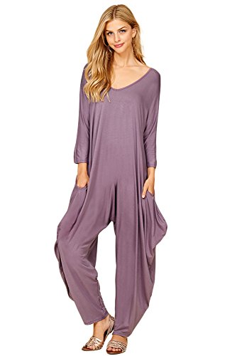 Annabelle Women's Long Sleeve Comfy Harem Jumpsuit Romper with Pockets Purplish XXX-Large J8002X - Thumbnail 4
