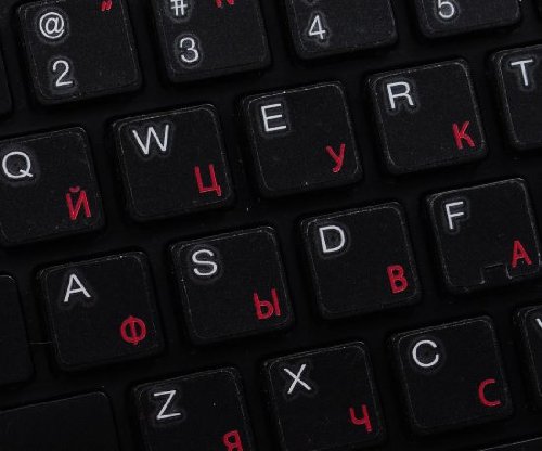 APPLE RUSSIAN CYRILLIC STICKER FOR KEYBOARD WITH RED LETTERING ON TRANSPARENT BACKGROUND FOR DESKTOP, LAPTOP AND NOTEBOOK