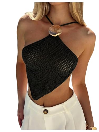 Verdusa Women's Shell Hollow Out Crochet Boho Tops Asymmetrical Backless Crop Halter Tops Black Medium at Amazon