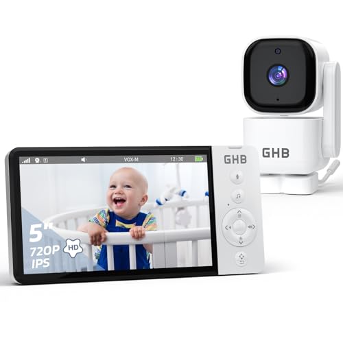 GHB Baby Monitor Video and Audio 5 Inch 720HD 168 Hours Battery Life Screen, 350° Rotating Camera, Temperature Detection, Two-Way Intercom, VOX, Night Vision
