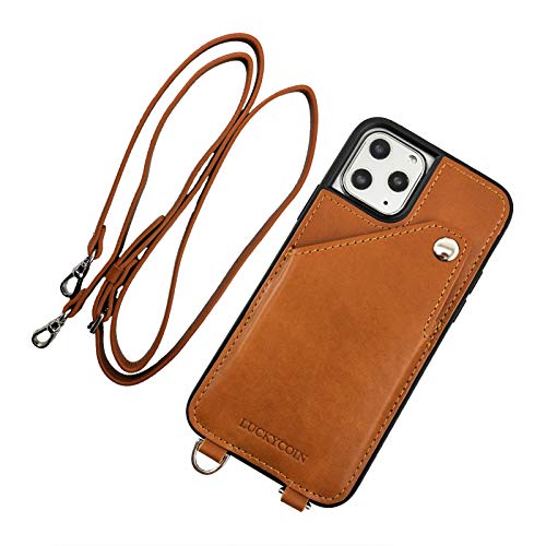 Luckycoin Crossbody Genuine Leather Case for iPhone 11 pro Case with Card Holder Detachable Adjustable Purse Women Shoulder Strap Shockproof Wallet Case Compatible with iPhone 11 Pro 5.8 inch Brown